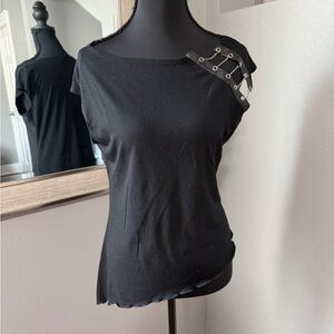 Sfuzi Black Y2K Goth Rocker EMO Asymmetrical Chain Detail Shirt Size Large.